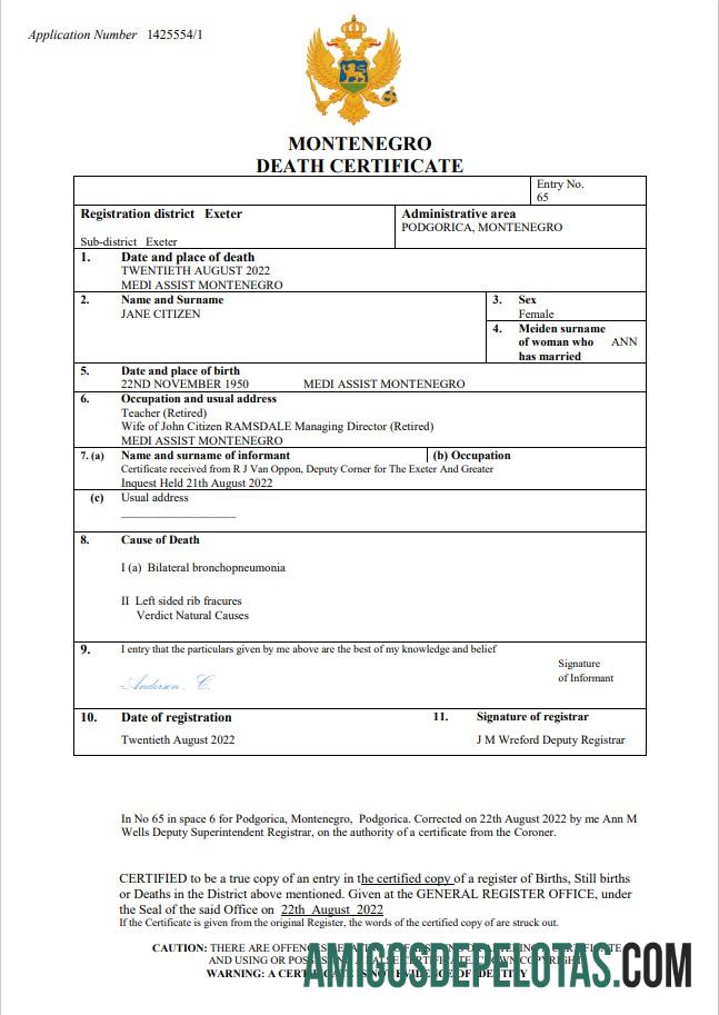 Realista modelo Word e PDF de certidão de óbito de Montenegro